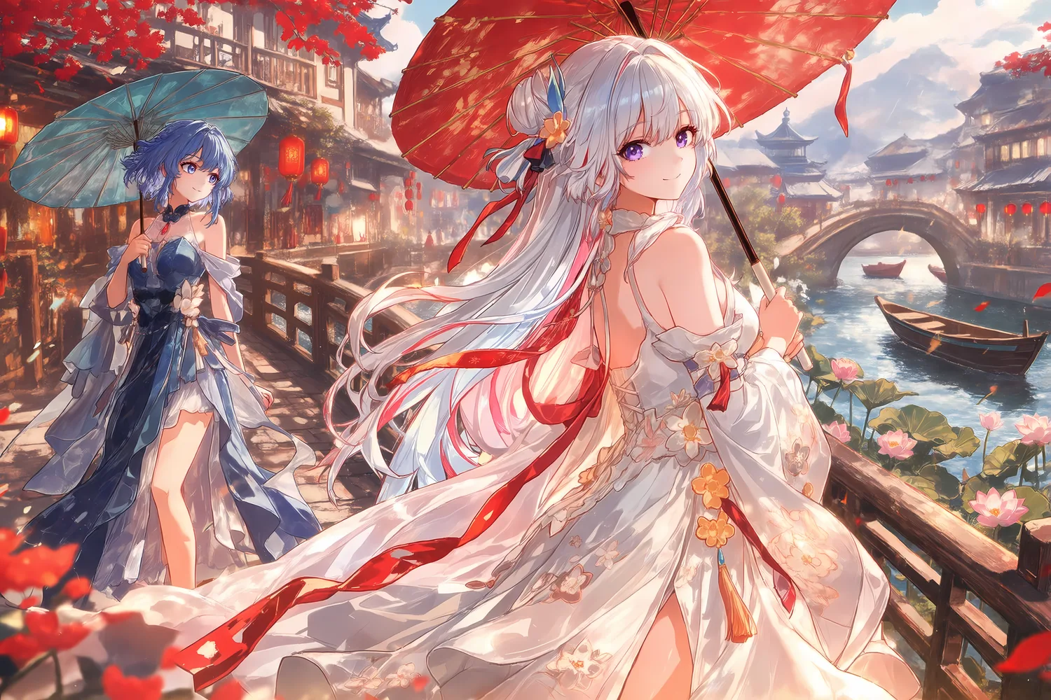 轻雨伞开：雨伞与秋色中的两位少女