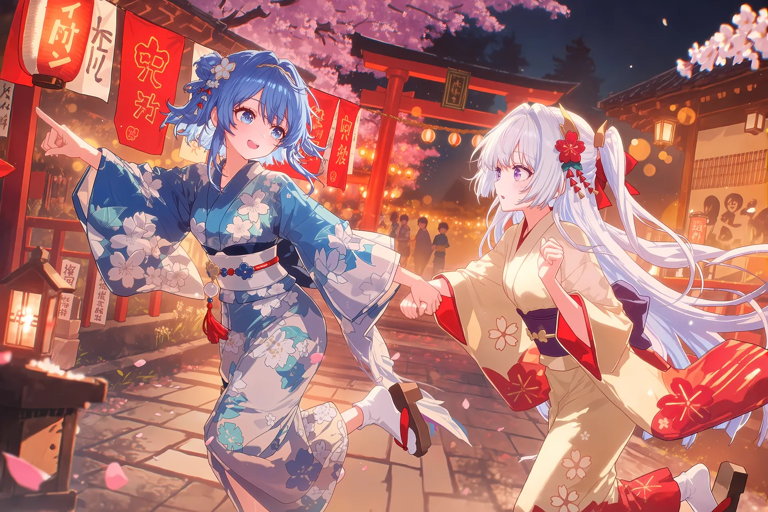 夏日祭：蓝发与白发少女穿行于热闹的祭典